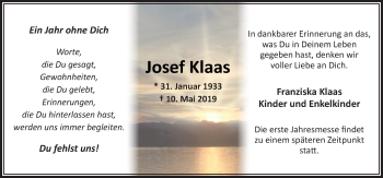 Traueranzeige von Josef Klaas von Neue Osnabrücker Zeitung GmbH & Co. KG