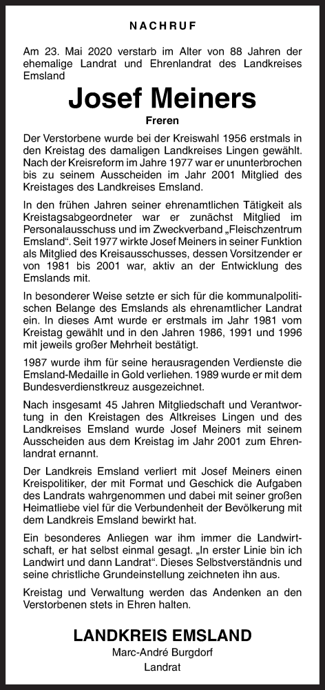  Traueranzeige für Josef Meiners vom 27.05.2020 aus Neue Osnabrücker Zeitung GmbH & Co. KG