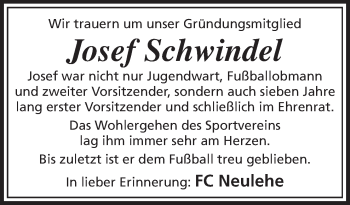 Traueranzeige von Josef Schwindel von Neue Osnabrücker Zeitung GmbH & Co. KG