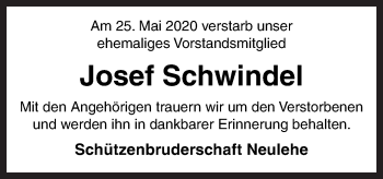 Traueranzeige von Josef Schwindel von Neue Osnabrücker Zeitung GmbH & Co. KG