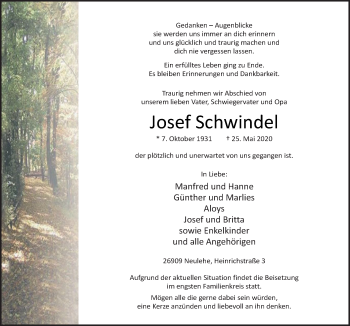 Traueranzeige von Josef Schwindel von Neue Osnabrücker Zeitung GmbH & Co. KG