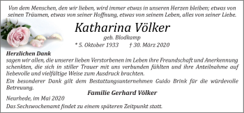 Traueranzeige von Katharina Völker von Neue Osnabrücker Zeitung GmbH & Co. KG