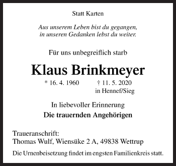 Traueranzeige von Klaus Brinkmeyer von Neue Osnabrücker Zeitung GmbH & Co. KG