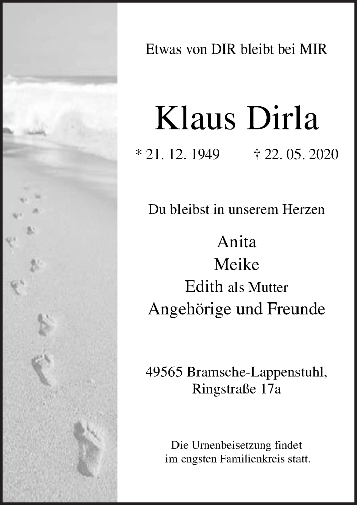  Traueranzeige für Klaus Dirla vom 27.05.2020 aus Neue Osnabrücker Zeitung GmbH & Co. KG