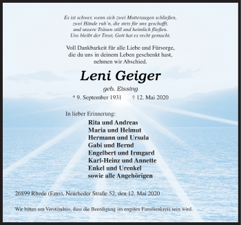 Traueranzeige von Leni Geiger von Neue Osnabrücker Zeitung GmbH & Co. KG