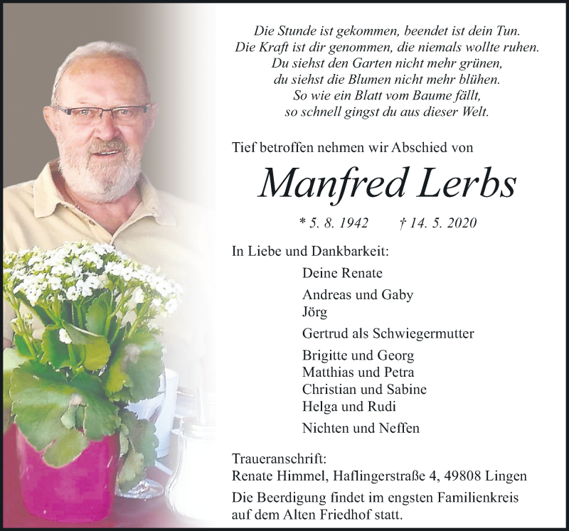  Traueranzeige für Manfred Lerbs vom 18.05.2020 aus Neue Osnabrücker Zeitung GmbH & Co. KG