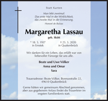 Traueranzeige von Margaretha Lassau von Neue Osnabrücker Zeitung GmbH & Co. KG