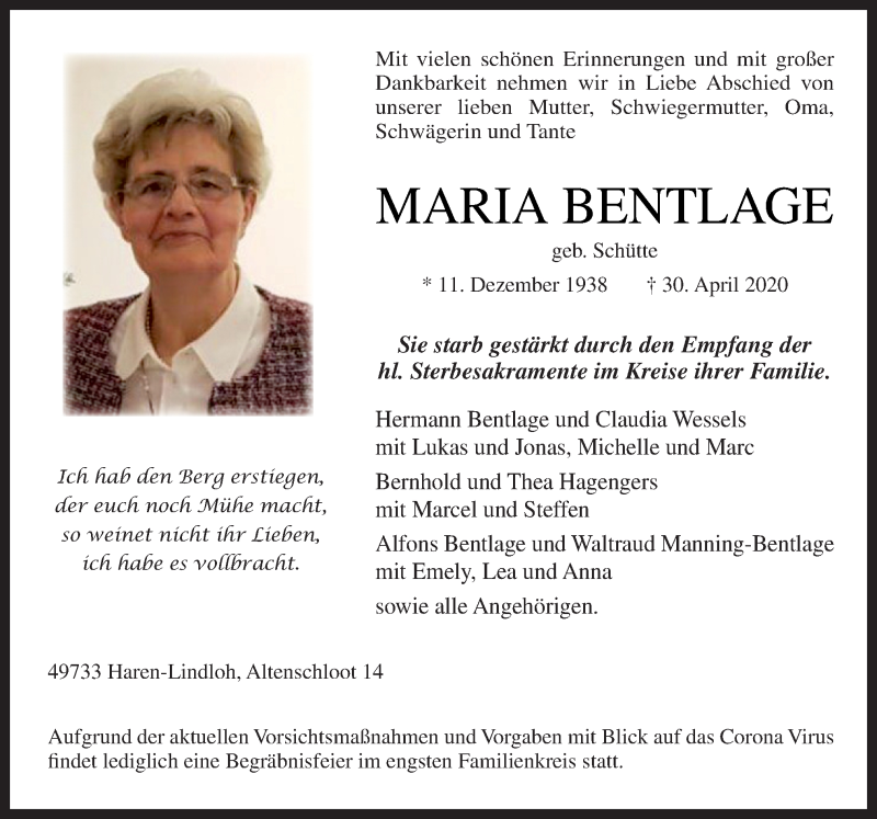  Traueranzeige für Maria Bentlage vom 02.05.2020 aus Neue Osnabrücker Zeitung GmbH & Co. KG