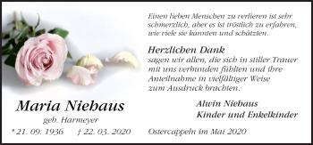 Traueranzeige von Maria Niehaus von Neue Osnabrücker Zeitung GmbH & Co. KG