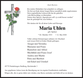 Traueranzeige von Maria Uhlen von Neue Osnabrücker Zeitung GmbH & Co. KG