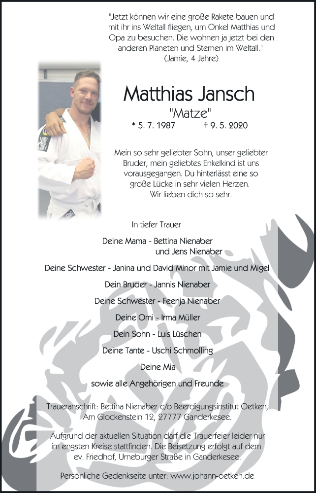  Traueranzeige für Matthias Jansch vom 13.05.2020 aus Neue Osnabrücker Zeitung GmbH & Co. KG