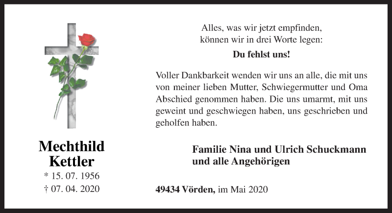  Traueranzeige für Mechthild Kettler vom 23.05.2020 aus Neue Osnabrücker Zeitung GmbH & Co. KG