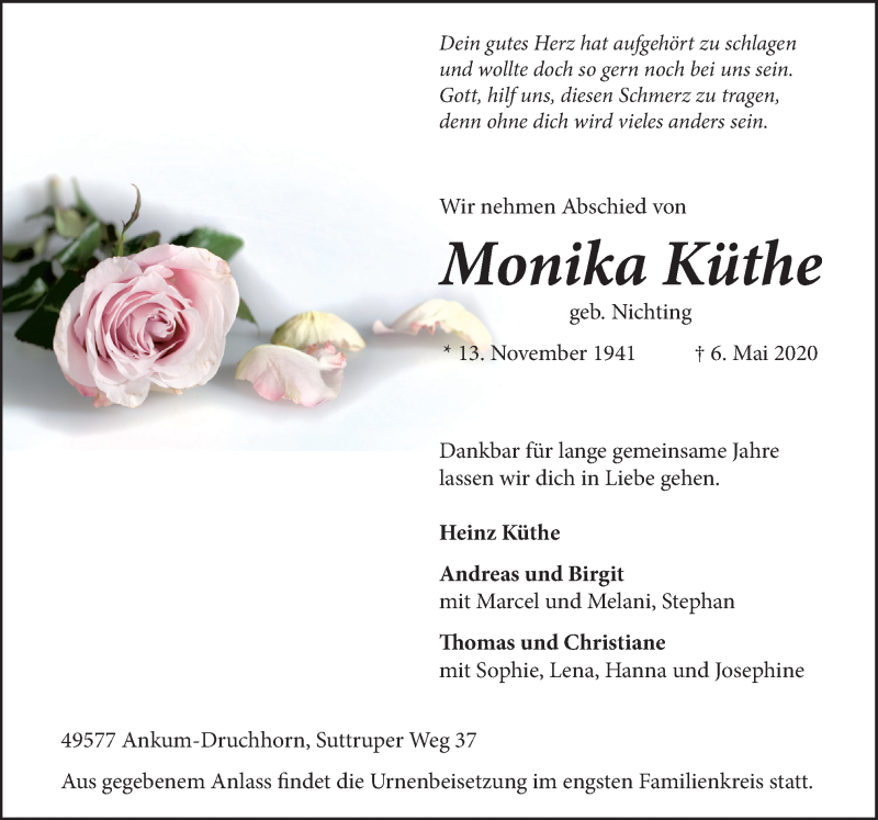  Traueranzeige für Monika Küthe vom 09.05.2020 aus Neue Osnabrücker Zeitung GmbH & Co. KG