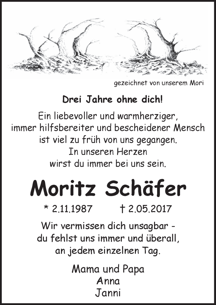  Traueranzeige für Moritz Schäfer vom 02.05.2020 aus Neue Osnabrücker Zeitung GmbH & Co. KG