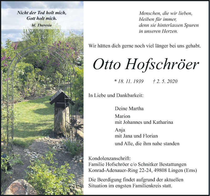  Traueranzeige für Otto Hofschröer vom 06.05.2020 aus Neue Osnabrücker Zeitung GmbH & Co. KG
