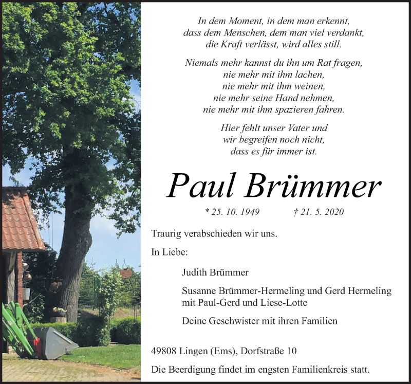  Traueranzeige für Paul Brümmer vom 23.05.2020 aus Neue Osnabrücker Zeitung GmbH & Co. KG