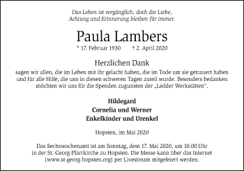 Traueranzeige von Paula Lambers von Neue Osnabrücker Zeitung GmbH & Co. KG