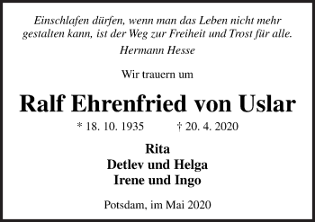 Traueranzeige von Ralf Ehrenfried von Uslar von Neue Osnabrücker Zeitung GmbH & Co. KG
