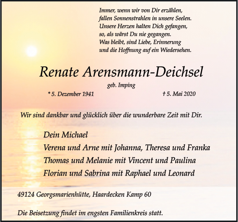  Traueranzeige für Renate Arensmann-Deichsel vom 08.05.2020 aus Neue Osnabrücker Zeitung GmbH & Co. KG