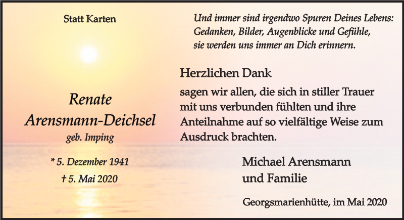  Traueranzeige für Renate Arensmann-Deichsel vom 23.05.2020 aus Neue Osnabrücker Zeitung GmbH & Co. KG