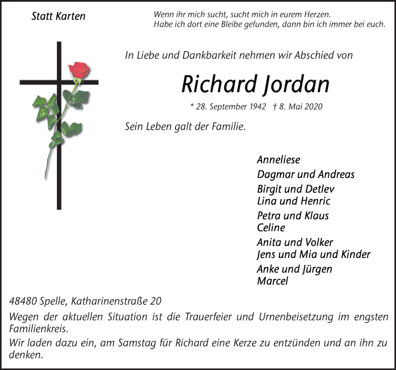  Traueranzeige für Richard Jordan vom 11.05.2020 aus Neue Osnabrücker Zeitung GmbH & Co. KG