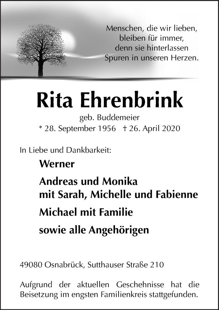  Traueranzeige für Rita Ehrenbrink vom 16.05.2020 aus Neue Osnabrücker Zeitung GmbH & Co. KG