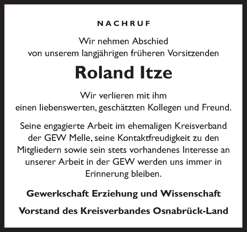  Traueranzeige für Roland Itze vom 06.05.2020 aus Neue Osnabrücker Zeitung GmbH & Co. KG