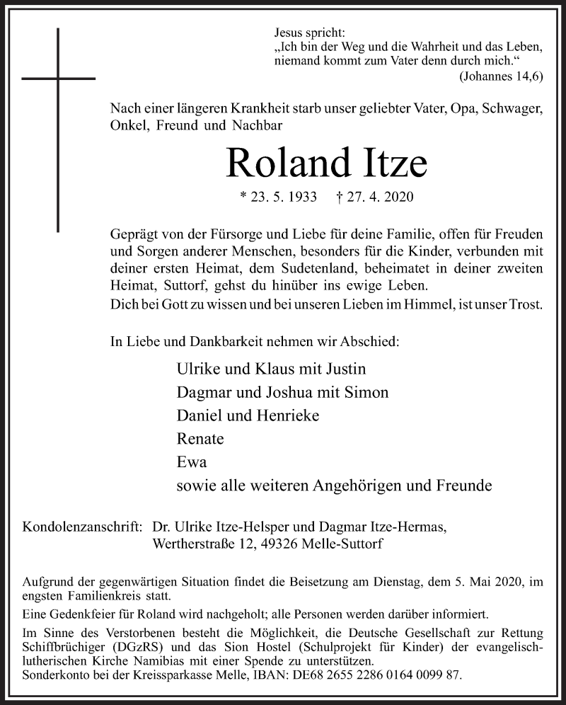  Traueranzeige für Roland Itze vom 02.05.2020 aus Neue Osnabrücker Zeitung GmbH & Co. KG