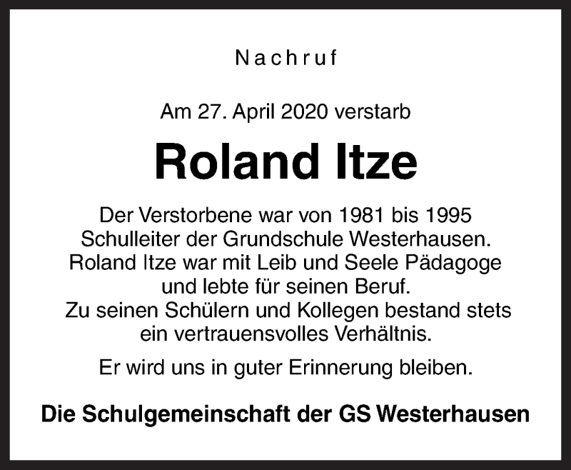  Traueranzeige für Roland Itze vom 09.05.2020 aus Neue Osnabrücker Zeitung GmbH & Co. KG