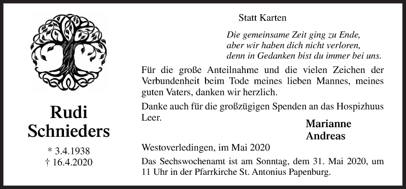  Traueranzeige für Rudi Schnieders vom 30.05.2020 aus Neue Osnabrücker Zeitung GmbH & Co. KG