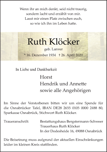 Traueranzeige von Ruth Klöcker von Neue Osnabrücker Zeitung GmbH & Co. KG
