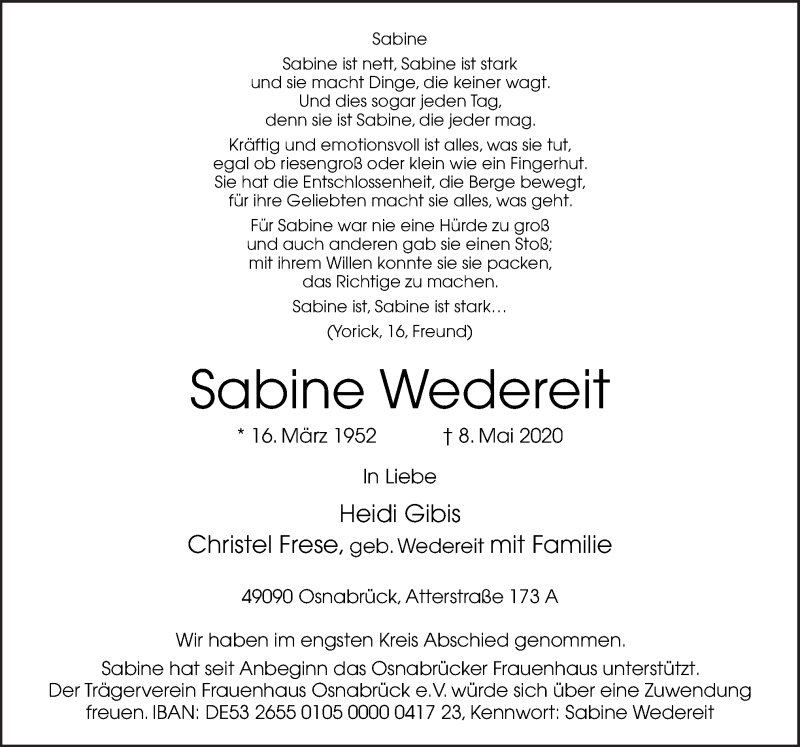  Traueranzeige für Sabine Wedereit vom 23.05.2020 aus Neue Osnabrücker Zeitung GmbH & Co. KG