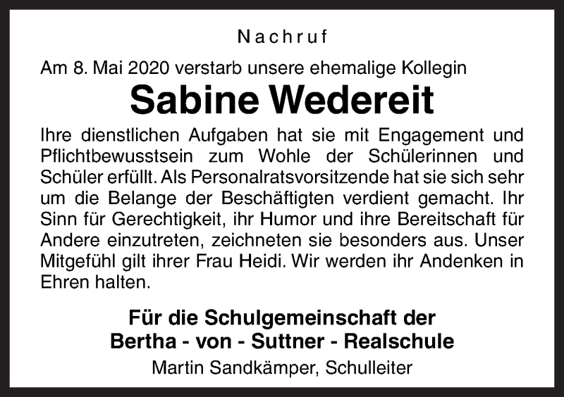  Traueranzeige für Sabine Wedereit vom 23.05.2020 aus Neue Osnabrücker Zeitung GmbH & Co. KG