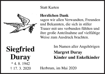 Traueranzeige von Siegfried Duray von Neue Osnabrücker Zeitung GmbH & Co. KG