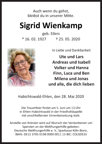 Traueranzeige von Sigrid Wienkamp von Neue Osnabrücker Zeitung GmbH & Co. KG