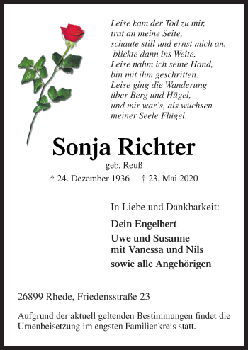 Traueranzeige von Sonja Richter von Neue Osnabrücker Zeitung GmbH & Co. KG