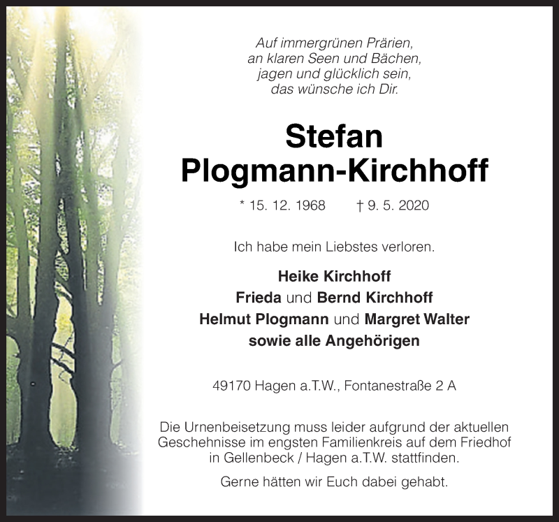  Traueranzeige für Stefan Plogmann-Kirchhoff vom 15.05.2020 aus Neue Osnabrücker Zeitung GmbH & Co. KG