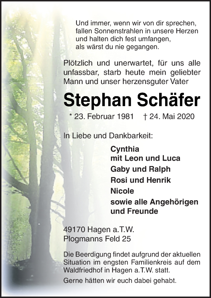  Traueranzeige für Stephan Schäfer vom 29.05.2020 aus Neue Osnabrücker Zeitung GmbH & Co. KG