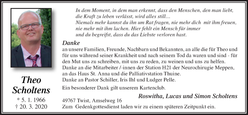  Traueranzeige für Theo Scholtens vom 08.05.2020 aus Neue Osnabrücker Zeitung GmbH & Co. KG