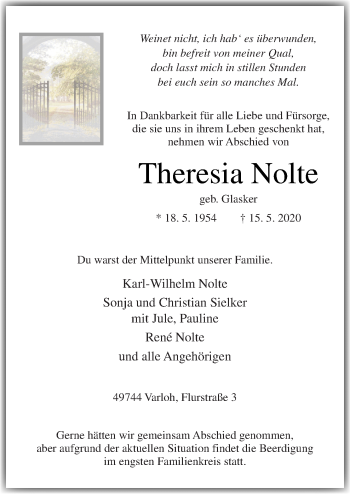 Traueranzeige von Theresia Nolte von Neue Osnabrücker Zeitung GmbH & Co. KG