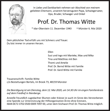 Traueranzeige von Thomas Witte von Neue Osnabrücker Zeitung GmbH & Co. KG