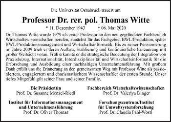 Traueranzeige von Thomas Witte von Neue Osnabrücker Zeitung GmbH & Co. KG