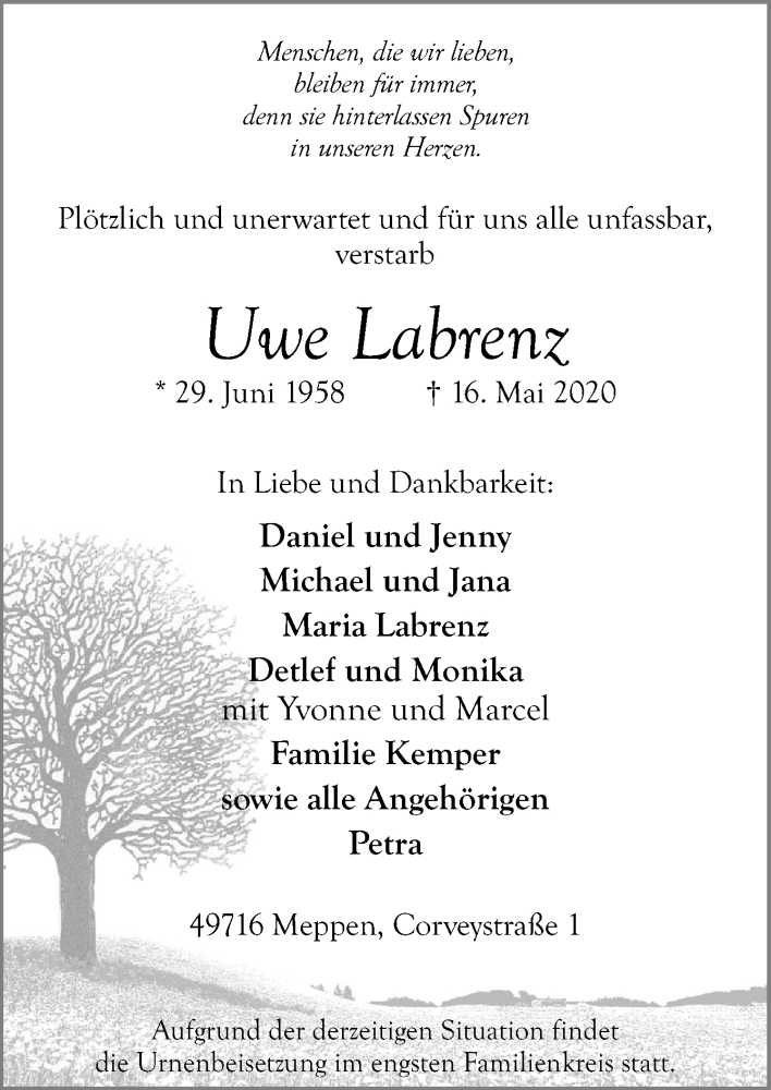  Traueranzeige für Uwe Labrenz vom 23.05.2020 aus Neue Osnabrücker Zeitung GmbH & Co. KG