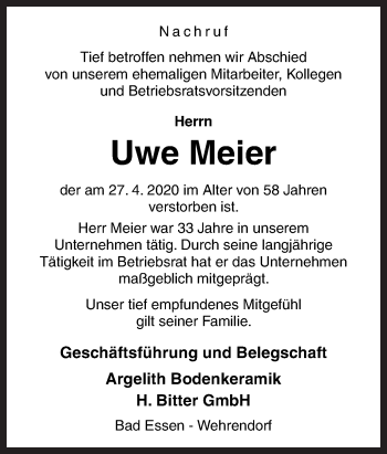 Traueranzeige von Uwe Meier von Neue Osnabrücker Zeitung GmbH & Co. KG