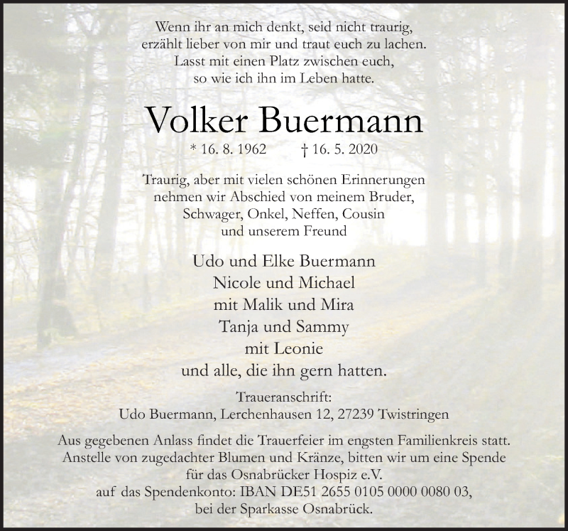  Traueranzeige für Volker Buermann vom 23.05.2020 aus Neue Osnabrücker Zeitung GmbH & Co. KG