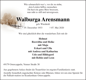 Traueranzeige von Walburga Arensmann von Neue Osnabrücker Zeitung GmbH & Co. KG