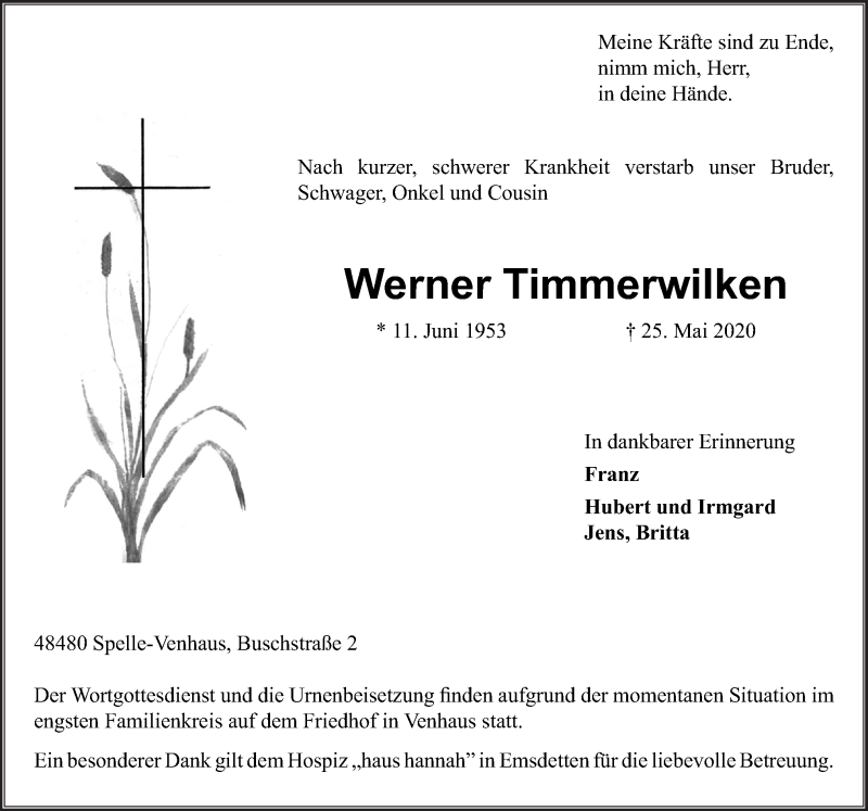  Traueranzeige für Werner Timmerwilken vom 30.05.2020 aus Neue Osnabrücker Zeitung GmbH & Co. KG