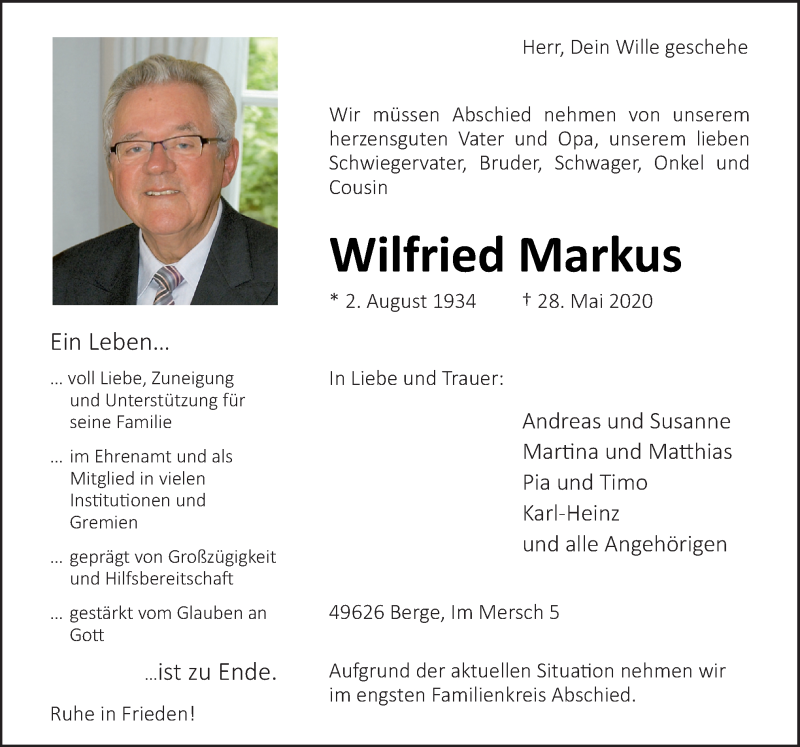  Traueranzeige für Wilfried Markus vom 29.05.2020 aus Neue Osnabrücker Zeitung GmbH & Co. KG