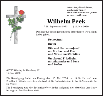Traueranzeige von Wilhelm Peek von Neue Osnabrücker Zeitung GmbH & Co. KG