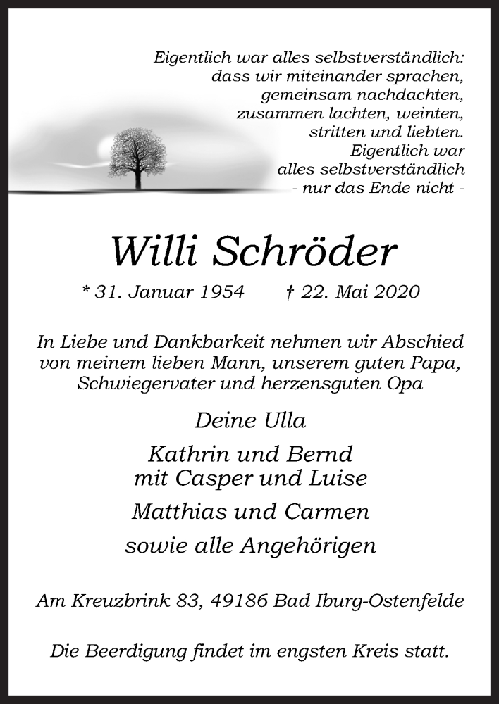  Traueranzeige für Willi Schröder vom 25.05.2020 aus Neue Osnabrücker Zeitung GmbH & Co. KG